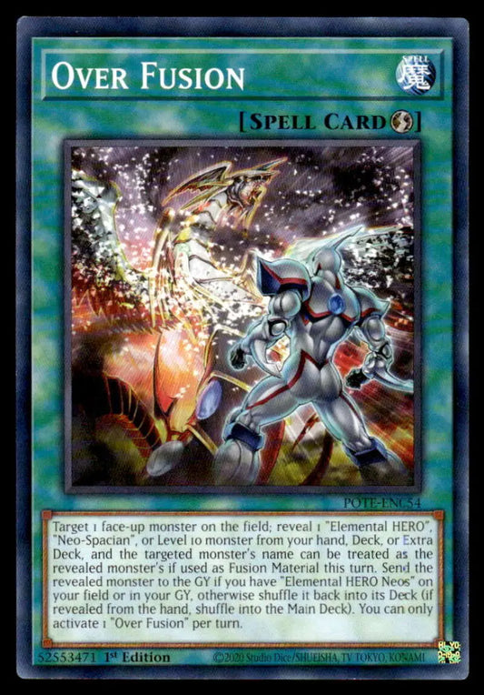 Over Fusion Yugioh Trading Card featuring a robotic warrior in battle pose