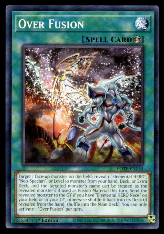 Over Fusion Yu-Gi-Oh trading card featuring a dynamic robotic warrior for fusion summoning