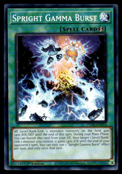 Spright Gamma Burst Yu-Gi-Oh! card with explosive orange and blue lightning effects