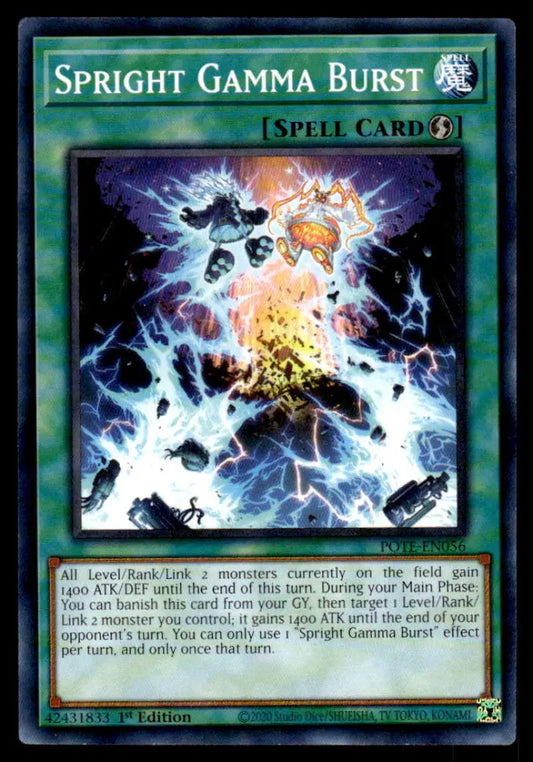 Spright Gamma Burst Yu-Gi-Oh! card with explosive orange and blue lightning effects