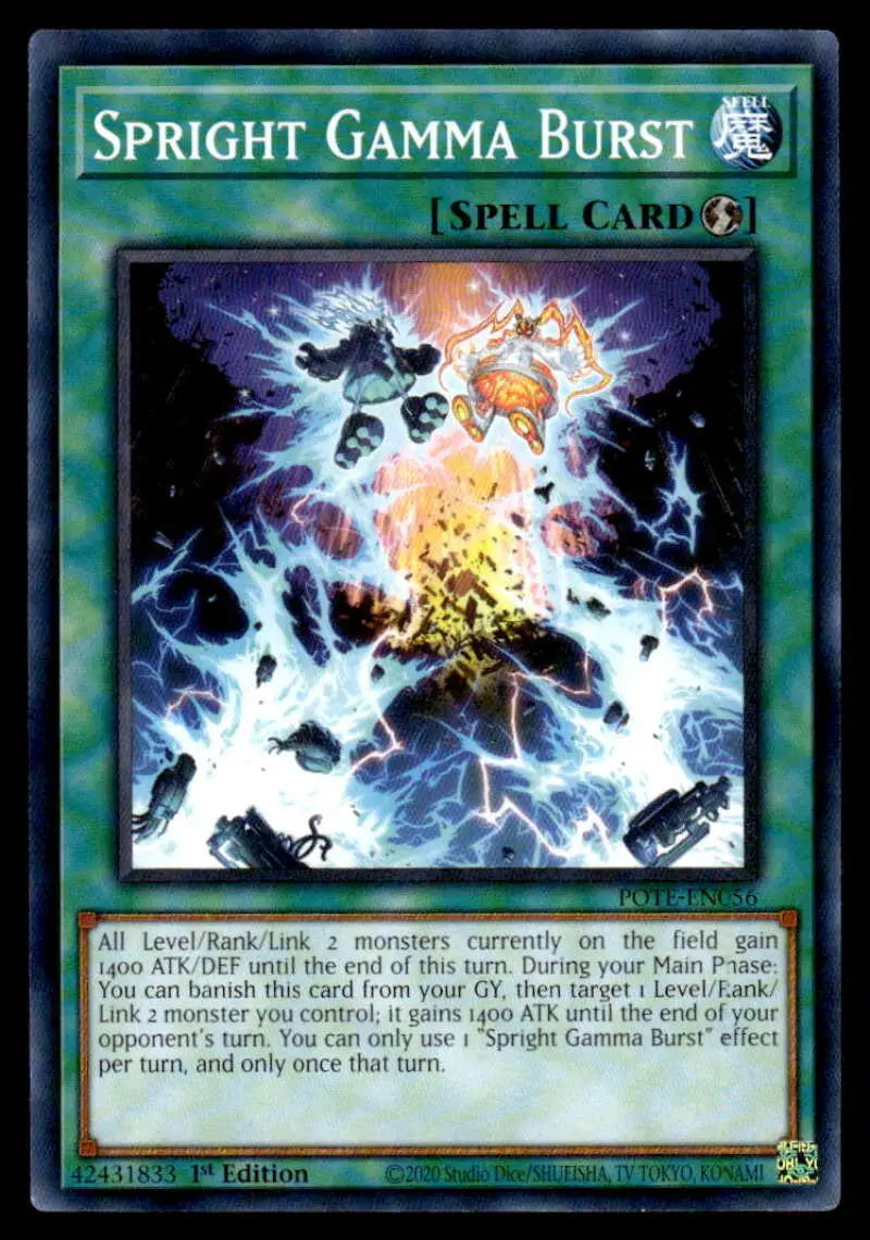 Yu-Gi-Oh! Power of the Elements Spright Gamma Burst card with colorful energy and lightning