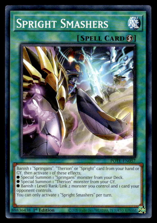 Spright Smashers Yu-Gi-Oh trading card POTE-EN057 featuring lightning and energy effects