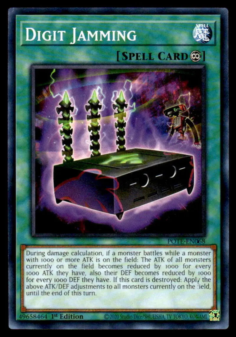 Dark electronic device with glowing numbers from POTE-EN068 Digit Jamming Yu-Gi-Oh card