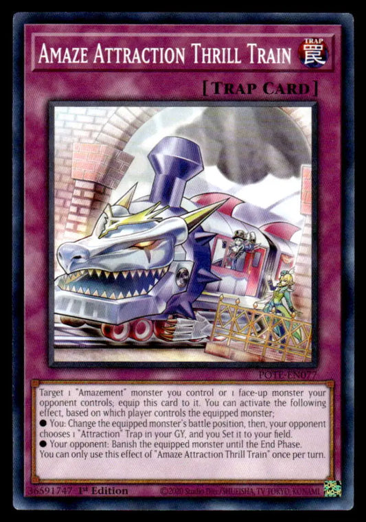 Menacing cartoon train with sharp teeth and armor from Amaze Attraction Thrill Yu-Gi-Oh card