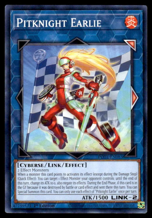 Red and white Pitknight Earlie robotic warrior with flaming sword on checkered background