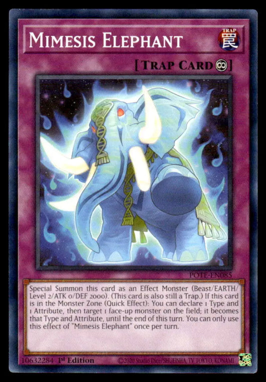 Ghostly blue Mimesis Elephant with glowing markings on Power of the Elements Yugioh card