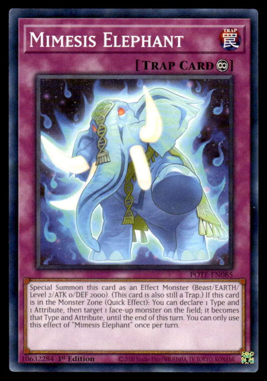Ghostly blue Mimesis Elephant with gold armor from Power of the Elements trading card