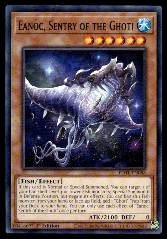 Metallic serpentine creature with blue accents in Power of the Elements POTE-EN088 Eanoc trading card