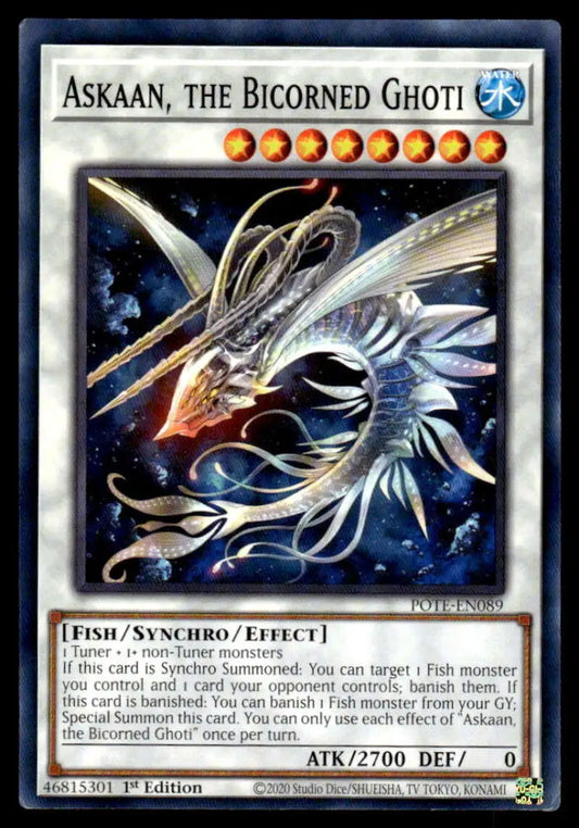 Metallic Bicorned Ghoti soaring in space on Power of the Elements Yugioh Trading Card