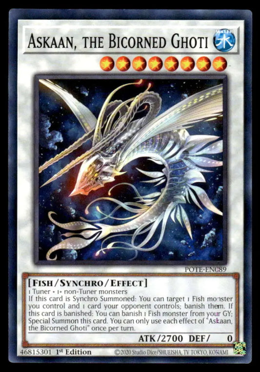 Majestic white dragon with horns in space for Power of the Elements POTE-EN089 Askaan Yugioh Trading Card