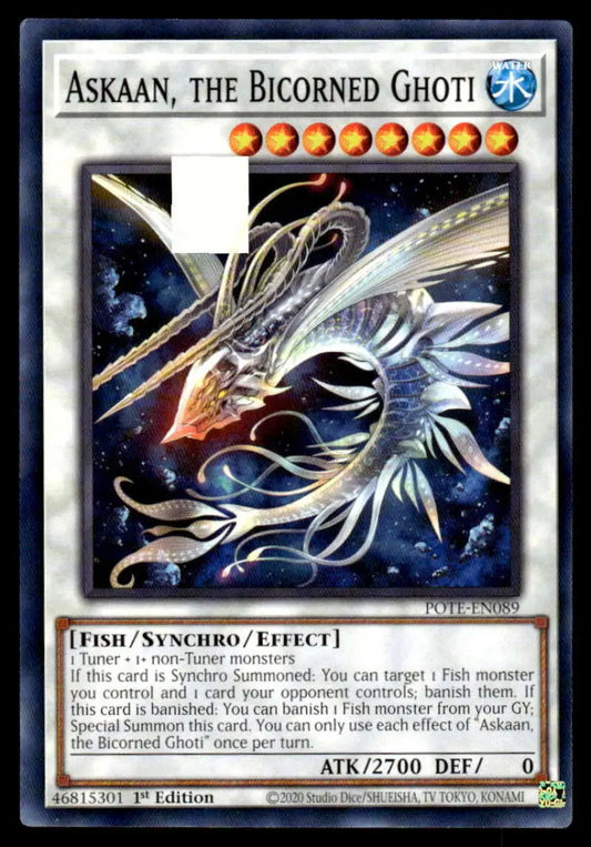 Majestic Bicorned Ghoti soaring through space on Power of the Elements Yugioh card