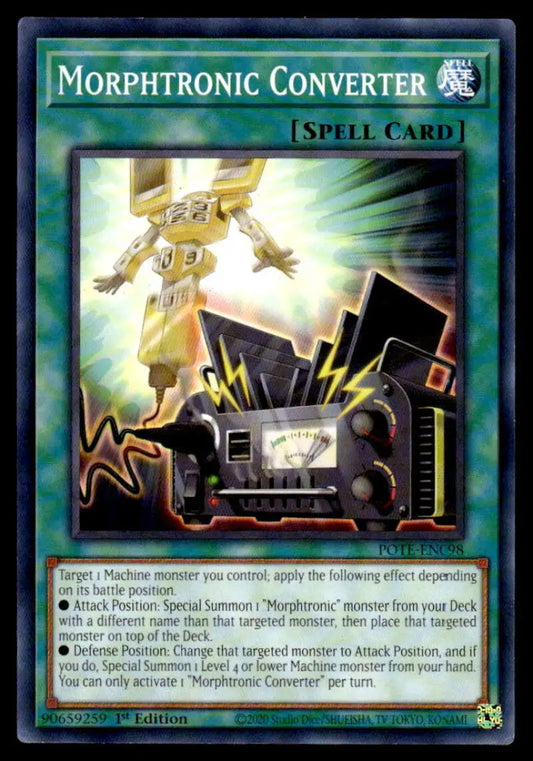 Morphtronic Converter Yu-Gi-Oh Trading Card features a robotic device with glowing energy