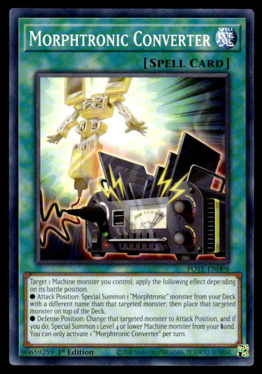 Morphtronic Converter Yu-Gi-Oh trading card showcasing a mechanical device and electrical effects