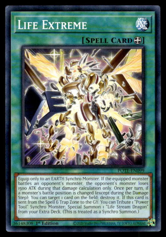 Life Extreme Yu-Gi-Oh trading card featuring a glowing mechanical creature and golden light