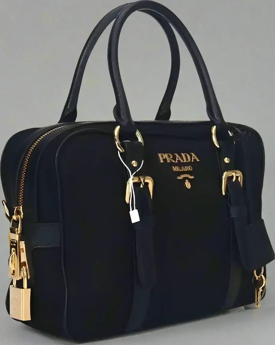 Black Canvas Prada Handbag with Gold Hardware from PRADA Black Logo Nylon Top Hand Bag