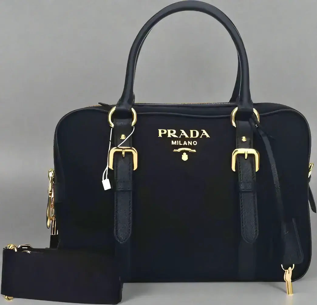 PRADA black Logo Nylon Top Hand Bag with black satchel and gold hardware