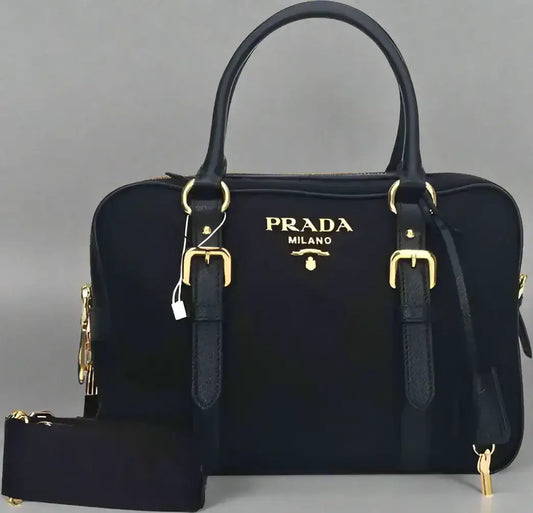PRADA black Logo Nylon Top Hand Bag with black satchel and gold hardware