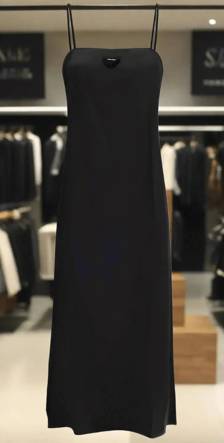 Prada black long silk slip dress with sleeveless design, spaghetti straps, and cutout