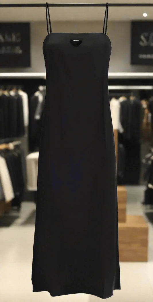 Prada black long silk slip dress with sleeveless design, spaghetti straps, and cutout