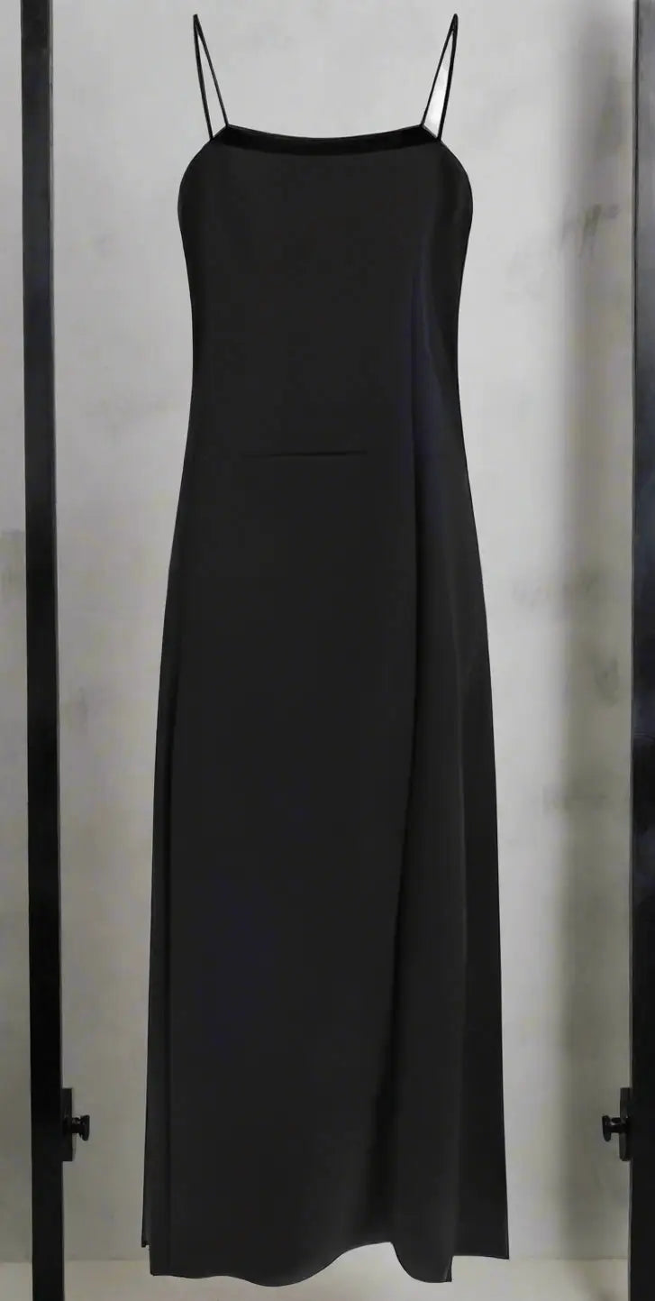 PRADA BLACK LONG SILK SLIP DRESS with sleeveless black midi-length design and spaghetti straps