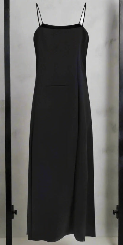 PRADA BLACK LONG SILK SLIP DRESS with sleeveless black midi-length design and spaghetti straps