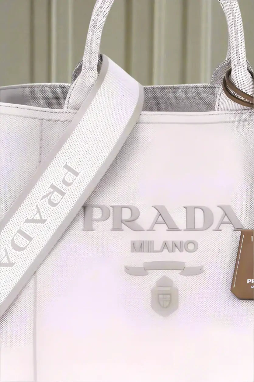 White Prada canvas tote bag with shoulder strap, extra large jardinière handbag for luxury style