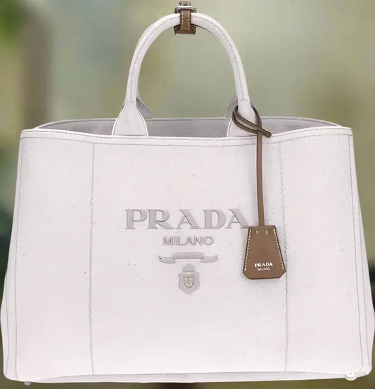 White Prada tote bag with brown leather tag, extra large jardinière luxury handbag