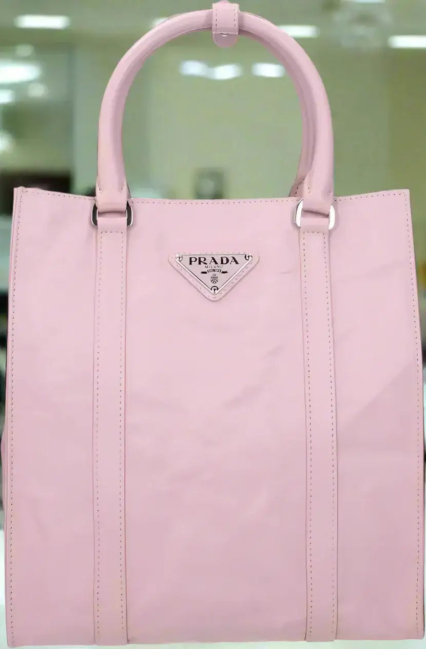 Pink Prada tote bag with top handles from PRADA front plaque Pink Leather Handbag 1bg458uvlmoof0e18