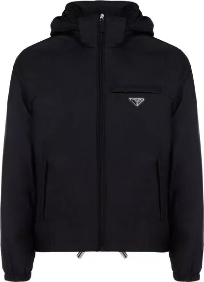 Black Prada hooded zip-up jacket with welt pockets and iconic logo plaque