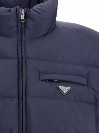 PRADA Men’s Navy Re-Nylon Down Jacket with quilted design and triangular plaque