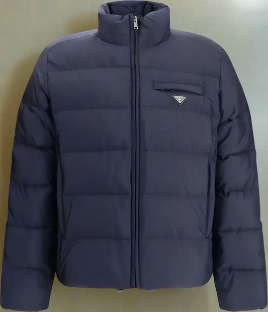 PRADA Men’s Navy Re-Nylon Down Jacket with triangular plaque and stand-up collar