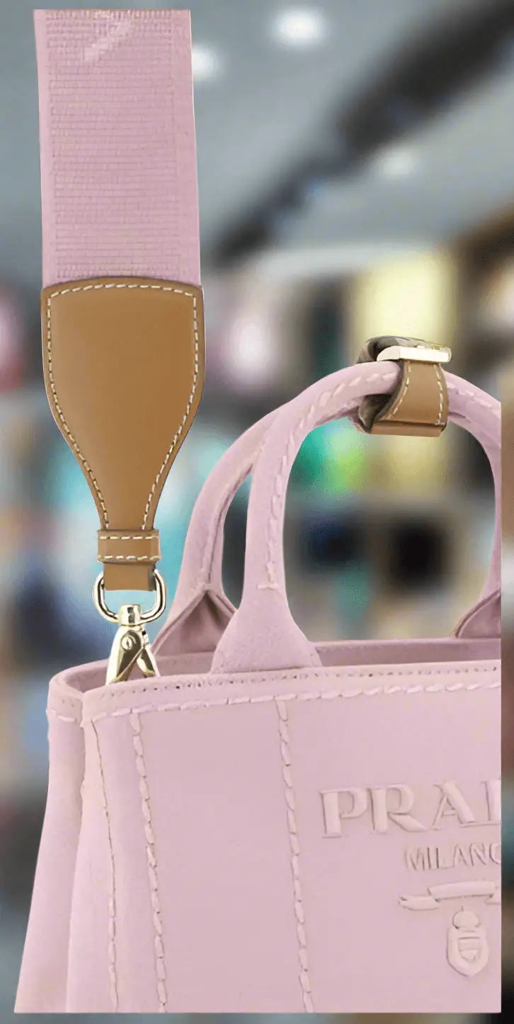 PRADA PINK FABRIC HANDBAG with pink fabric canvas, brown leather accents, shoulder strap