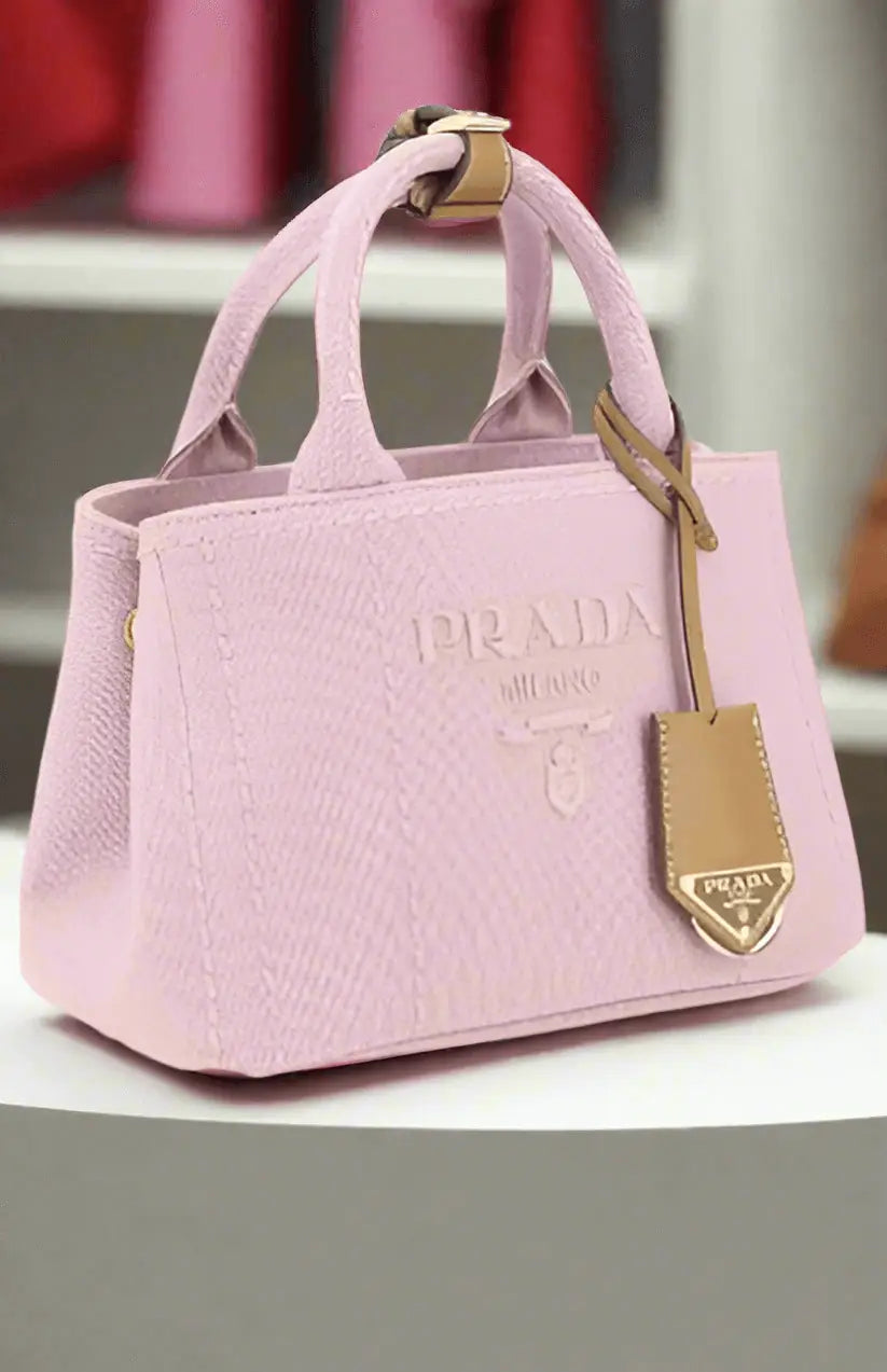 Light pink fabric handbag with tan leather handles and tag for Prada Pink Fabric Handbag product