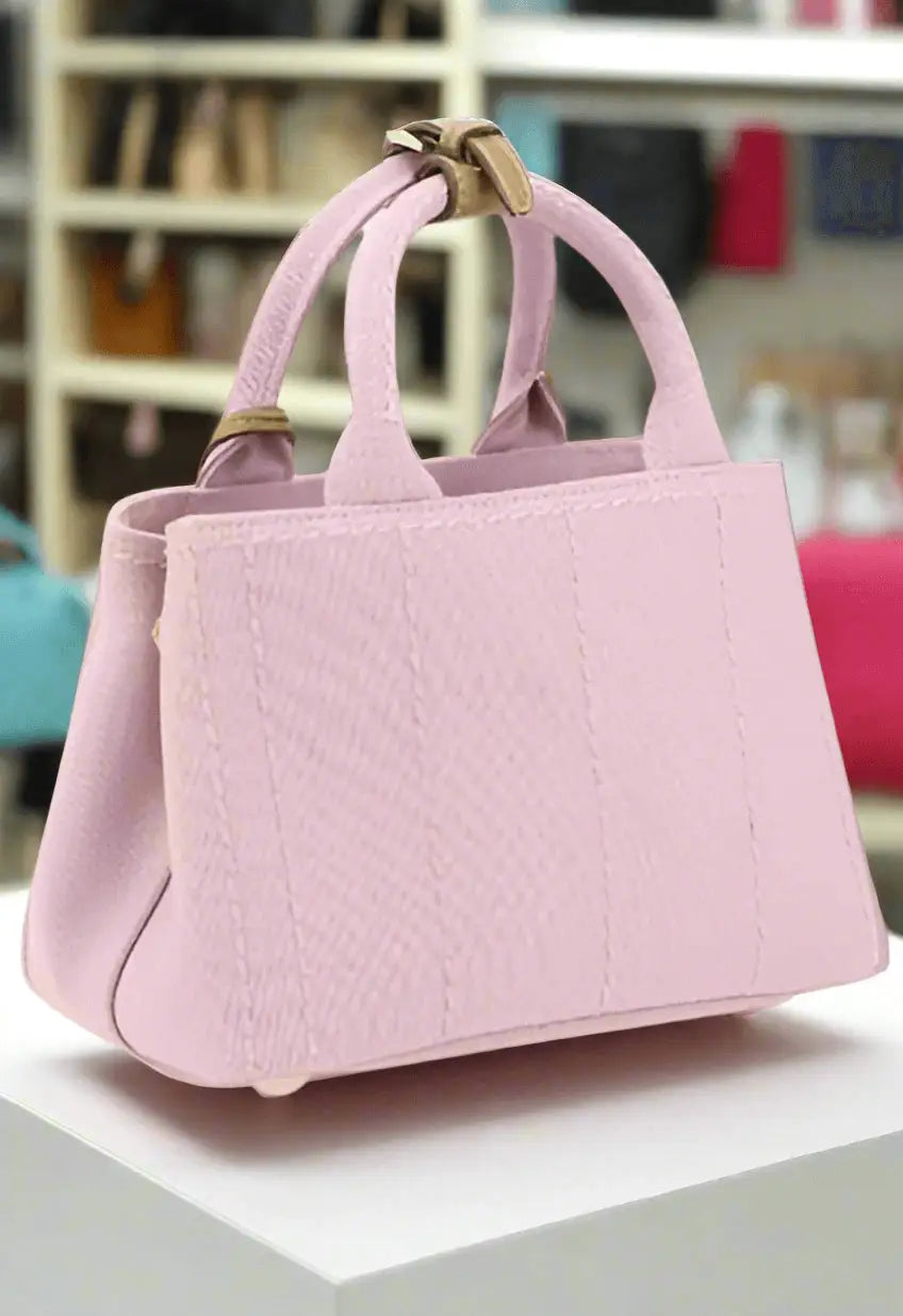 Light pink textured fabric handbag with two top handles, Prada pink fabric handbag