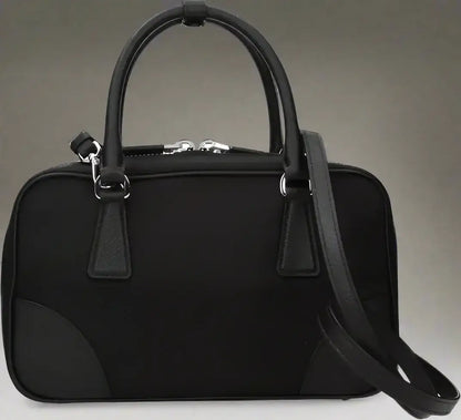 PRADA women’s Black Fabric Handbag with Leather Satchel, Silver Hardware, Detachable Strap