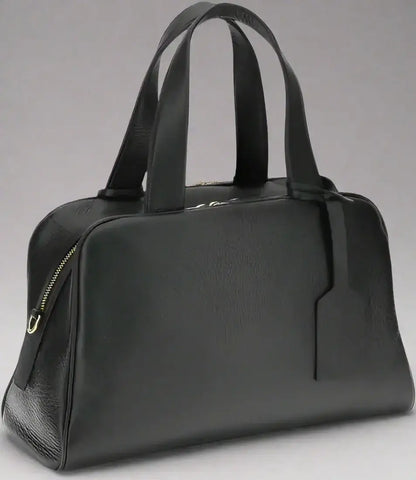 Dark gray leather handbag with top handles, zip pocket, and luggage tag for PRADA women