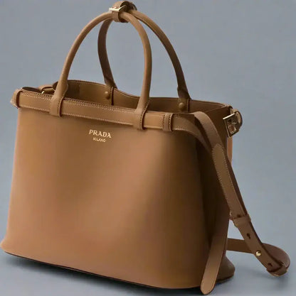 PRADA women’s brown leather tote bag with top handles and detachable shoulder strap