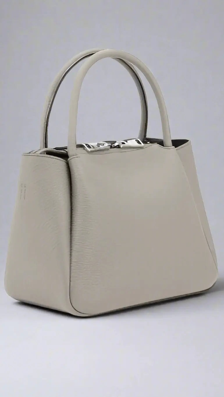 PRADA women’s grey grained leather handbag with top handles and silver hardware