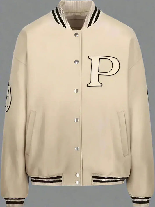 Cream-colored PRADA women’s varsity jacket with P emblem and elasticated hem