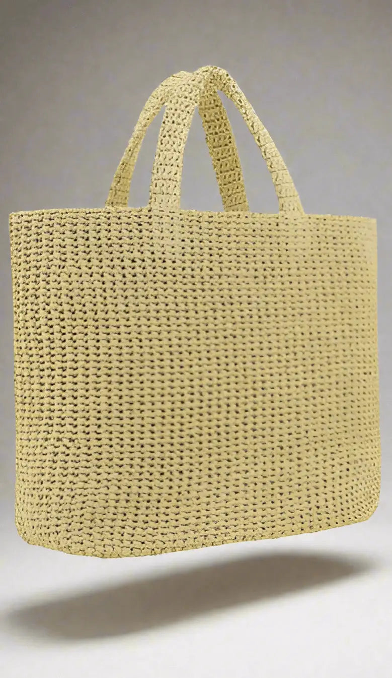 Pale yellow Prada woven raffia shopping handbag with two top handles