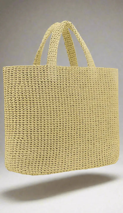 Pale yellow Prada woven raffia shopping handbag with two top handles
