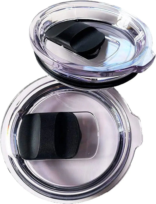 Two clear plastic tumbler lids with black sliding closures for Yeti Rambler bottles