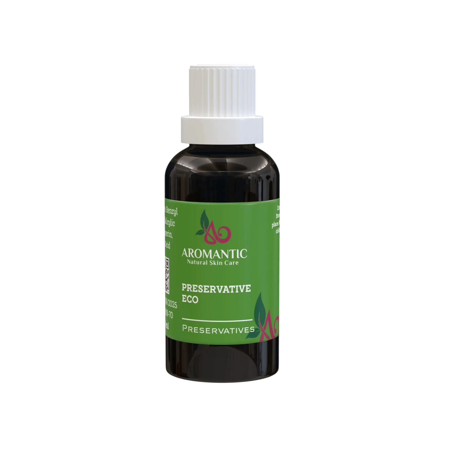 Dark liquid in small bottle with white cap and green label for Preservative Eco suncare formulations