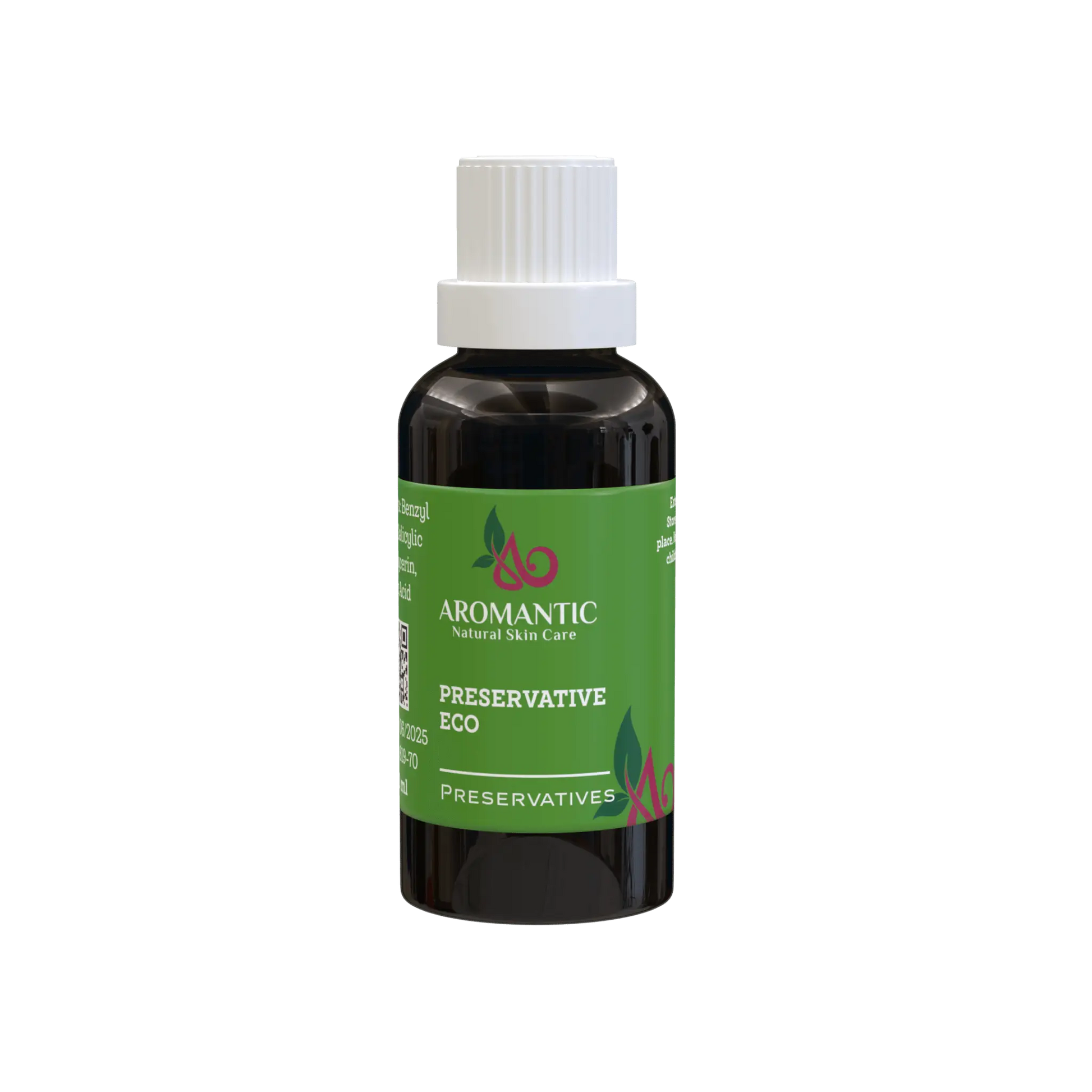Dark liquid in small bottle with white cap and green label for Preservative Eco suncare formulations