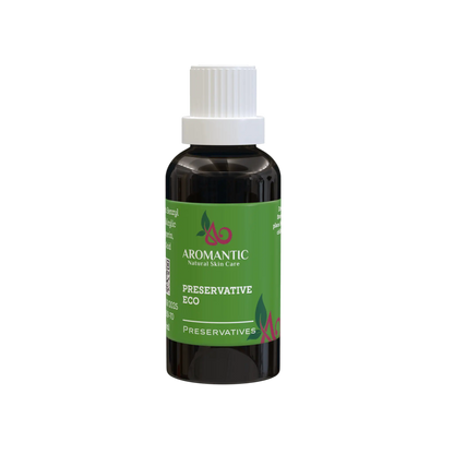 Dark liquid in small bottle with white cap and green label for Preservative Eco suncare formulations