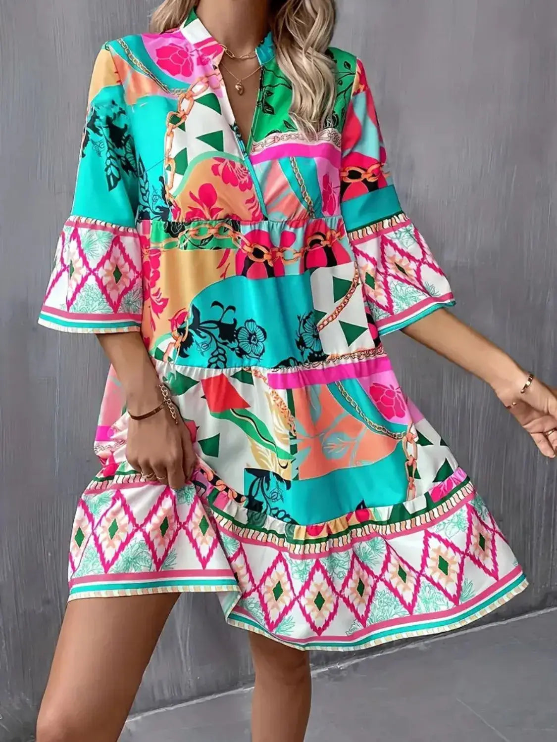 Printed Notched 3/4 Sleeve Tiered Dress - dress