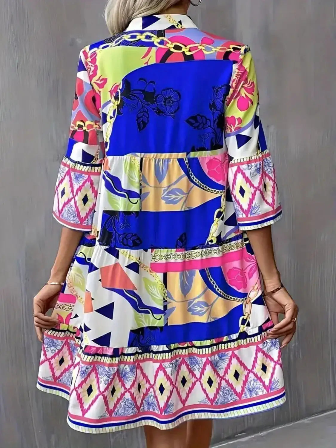 Printed Notched 3/4 Sleeve Tiered Dress - dress