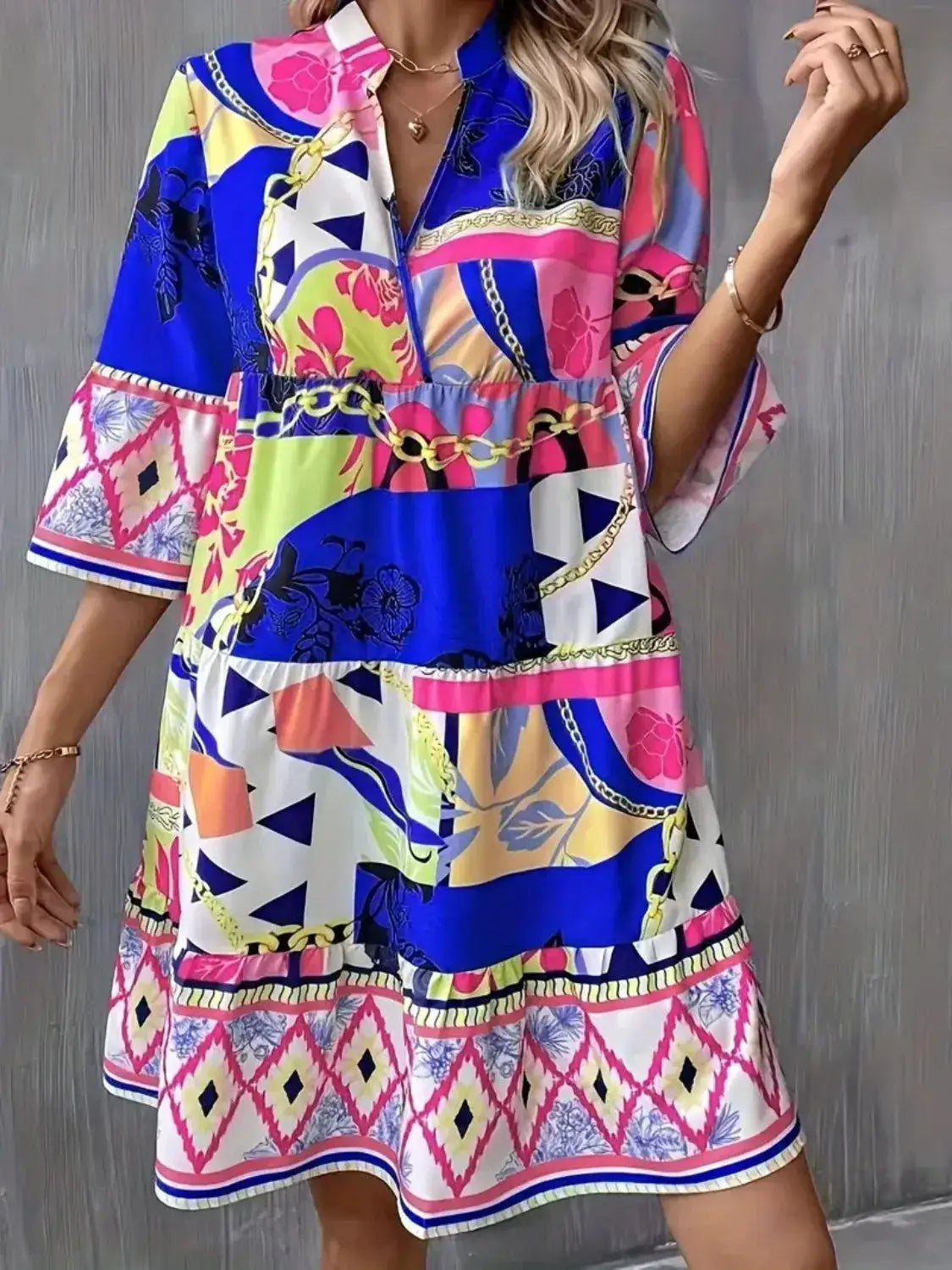 Printed Notched 3/4 Sleeve Tiered Dress - dress