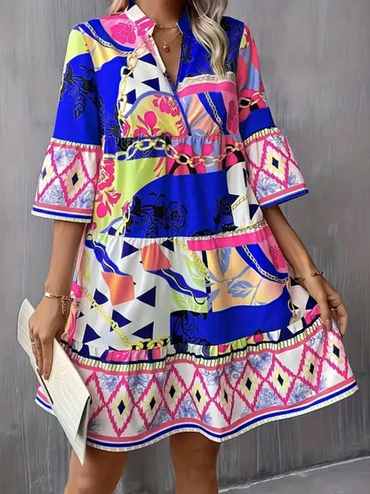 Printed Notched 3/4 Sleeve Tiered Dress - Royal Blue / S - dress