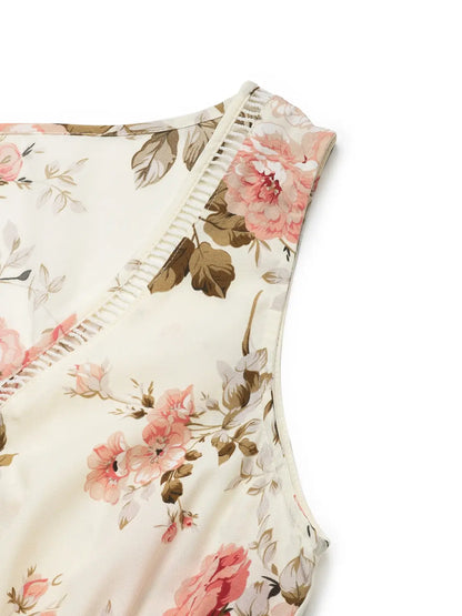 Printed Ruffled Hem V-Neck Sleeveless Dress - dress